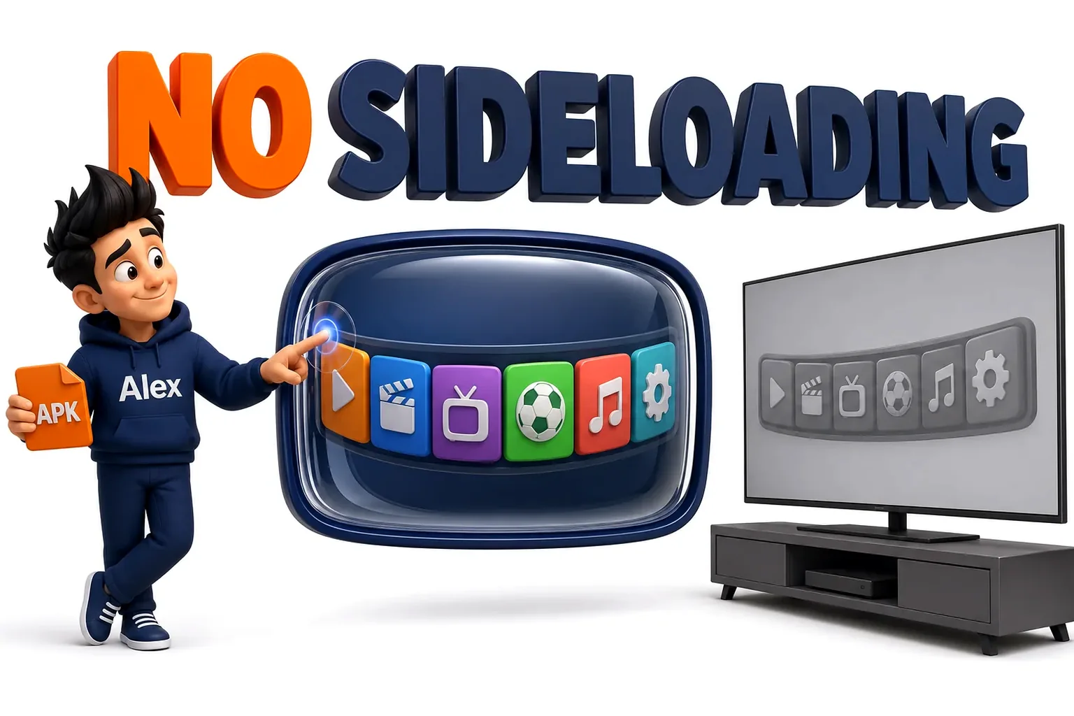 3D cartoon of a sealed app store panel next to an LG television