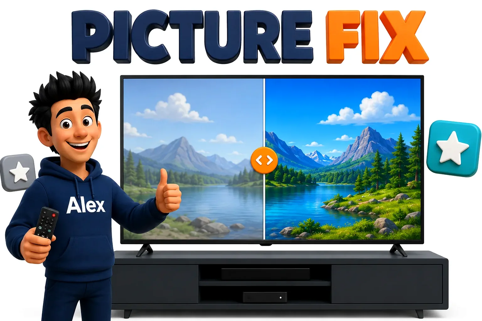 3D cartoon comparing dull and sharp picture quality on a Samsung TV screen
