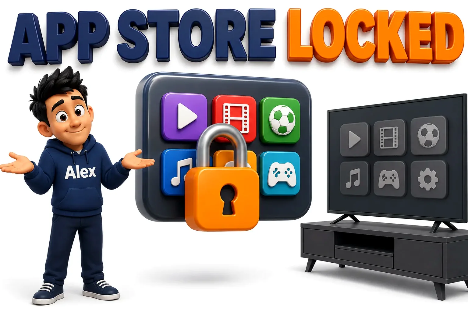 3D cartoon of a padlocked app store panel beside a Samsung smart TV