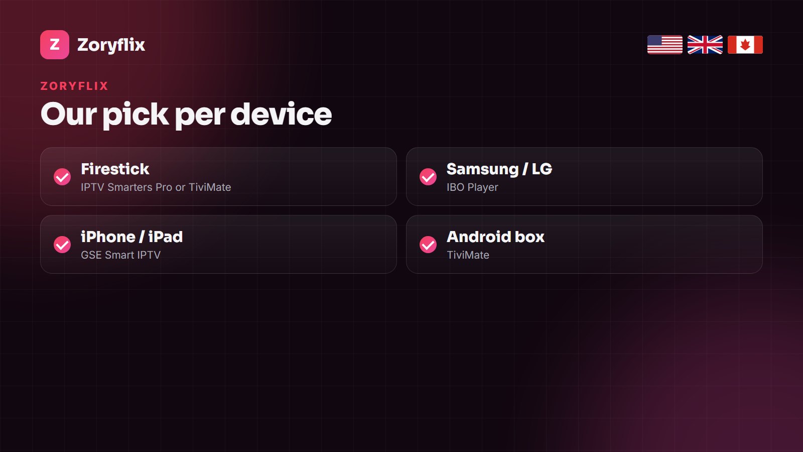 Zoryflix app picks: recommended IPTV players for Firestick, Samsung, LG, iPhone and Android