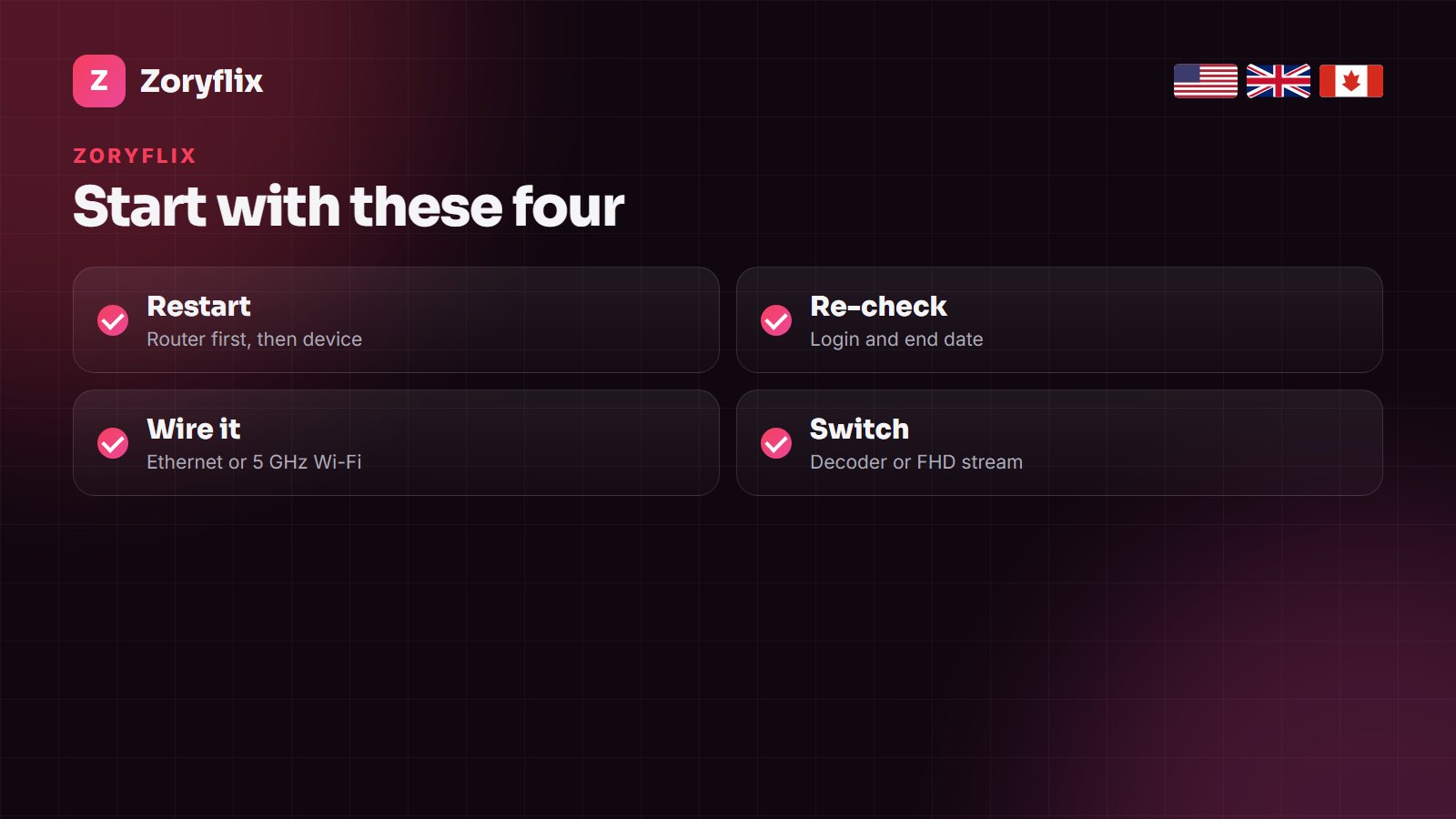 Zoryflix quick fixes: restart, check the login, use Ethernet, switch decoder or quality