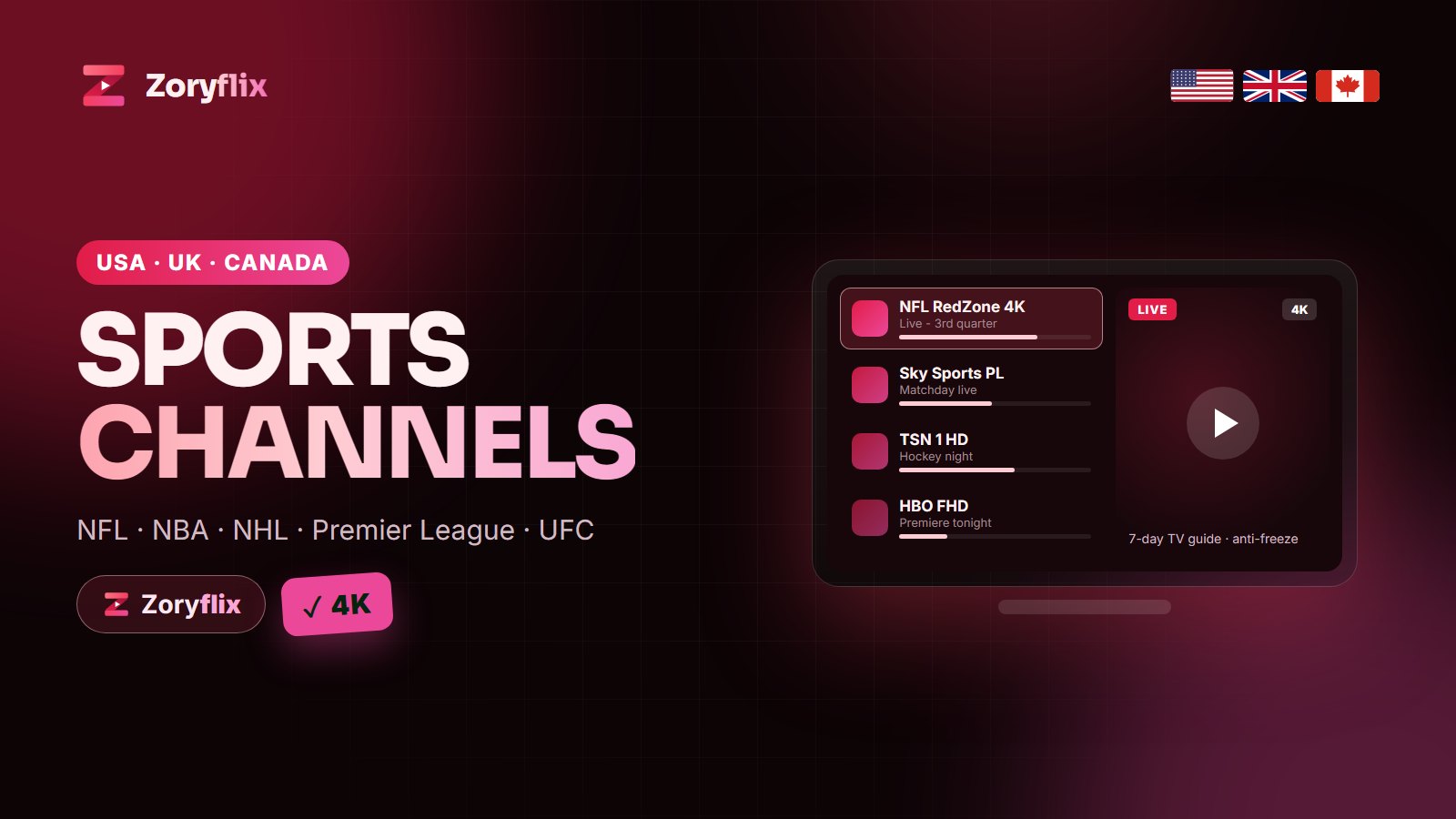 Zoryflix sports channels for NFL, NBA, NHL, Premier League and UFC